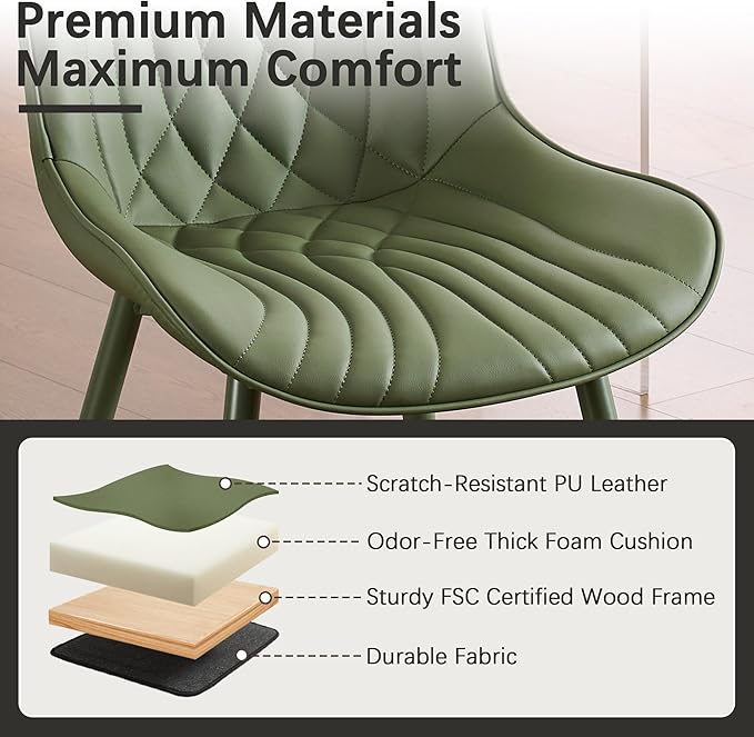 YOUTASTE Upholstered Leather Dining Chairs Set of 2 All Olive Green, Mid Century Modern Comfy Kitchen Dining Room Chair, Green Metal Legs, Armless Accent Chair for Living Room Bedroom