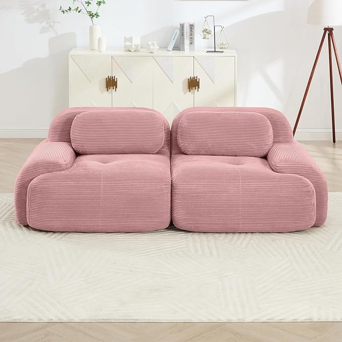 80" Modern Corduroy Boneless Love Seat Couches, 2 Seater Large Sectional Couches for Living Room, Pink Cloud Modular Sectional Sofa, Memory Foam, Extra Deep Loveseat, No Assembly