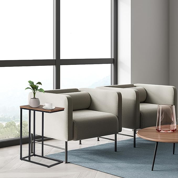 C-Shaped End Table, for Living Room, Bedroom, Small Spaces, TV Tray Couch Side Tables Laptop Table, Rustic Brown and Black