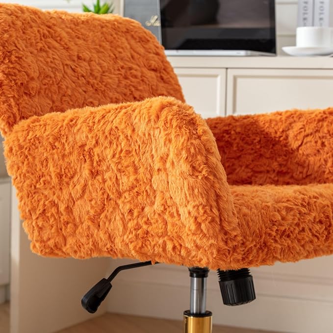 Goujxcy Faux Fur Home Office Chair, Upholstered Elegant Makeup Vanity Chair for Teen Girls Teddy Fabric Swivel Desk Chair, Height Adjustable Leisure Elegant Chair for Home Office (Orange)