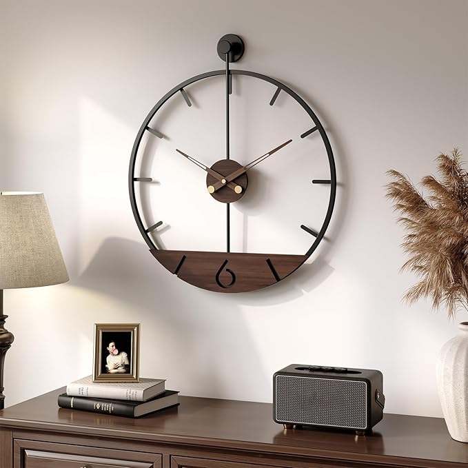 Cuspin 16 Inch Wall Clock with Walnut Wood Dial, Modern Decorative Clock Silent Non-Ticking Battery Operated Metal Frame for Living Room, Kitchen, Office, or Bedroom Wall Decor, Black and Brown