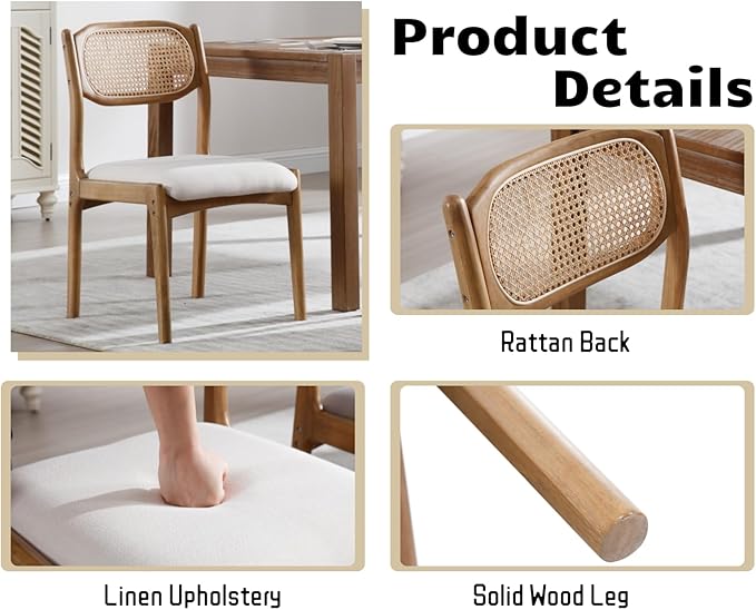 EALSON Farmhouse Rattan Dining Chairs Set of 6 Modern Mid Century Wood Dining Room Chairs with Cane Back Upholstered Linen Kitchen Side Chairs for Living Dining Room,Beige