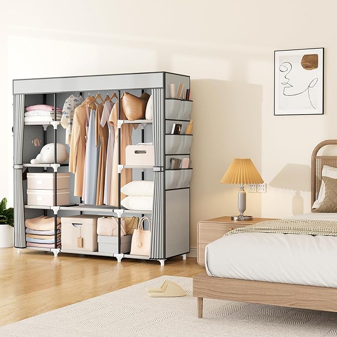 VTRIN Portable Closet Wardrobe for Hanging Clothes 57.3 Inch Large Capacity Clothes Rack with Cover, 10 Storage Organizer Shelves, 1 Hanging Rods and 6 Pockets, Free Standing Closet for Bedroom, Grey