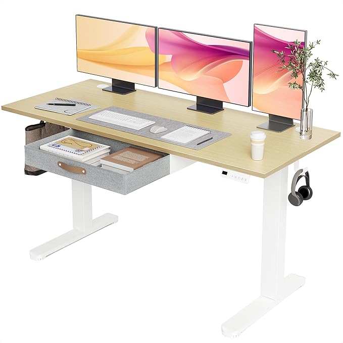 Seang Standing Desk with Drawer, 55" x 24" Height Adjustable Stand Up Desk, 3 Memory Height Settings with Cable Grommets & Storage Hooks, Ideal for Home & Office, Nature