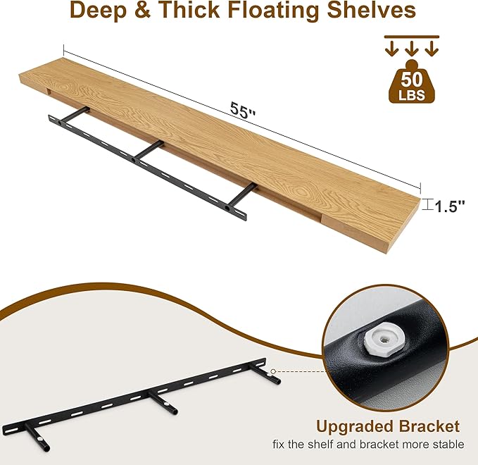 Fun Memories 55 Inch Fireplace Mantel - Long Floating Shelf, Wall Mounted Farmhouse Display with Invisible Heavy Duty Metal Bracket, Oak