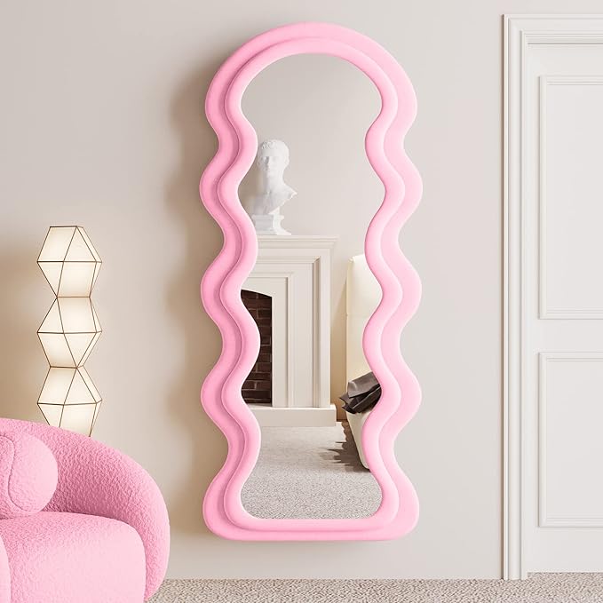 BOJOY Full Length Mirror 63"x24", Irregular Wavy Mirrors, Wave Arched Floor Mirror, Wall Mirror Standing Hanging or Leaning Against Wall for Bedroom, Flannel Wrapped Wooden Frame Mirror-Pink
