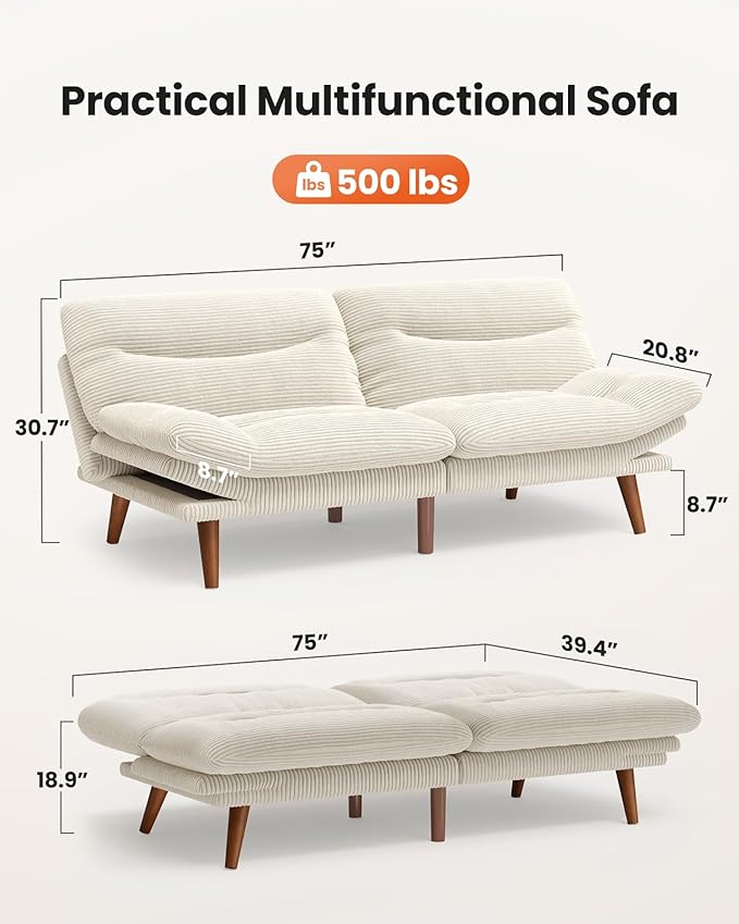 Amada 75" Convertible Futon Sofa Bed, Corduroy Folding Futon Set with Adjustable Backrest &Armrests, Recliner Lounge for Living Room, Apartment or Office, Solid Wood Frame, Loveseat Sofa -Beige White