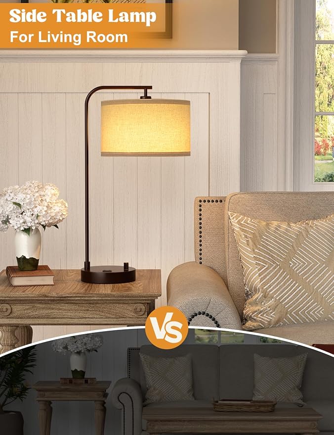 Innqoo Brown Side Table Lamp with USB Port and Outlet, Dimmable Nightstand Bedside Lamps with Linen Lampshade, Desk Lamp for Bedroom, Living Room, Guest Room, Home Office, LED Bulb Included