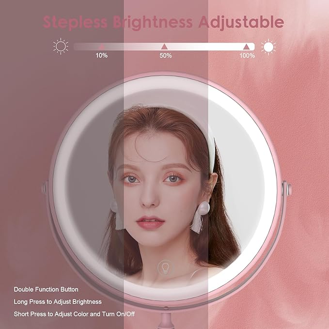 Lighted Makeup Mirror, 3000 mAh Rechargeable Double Sided Magnifying Vanity Mirror with 3 Colors, 1x/10x, 360° Rotation , Brightness Adjustable Magnification Cosmetic Light up Mirror, Women Gift