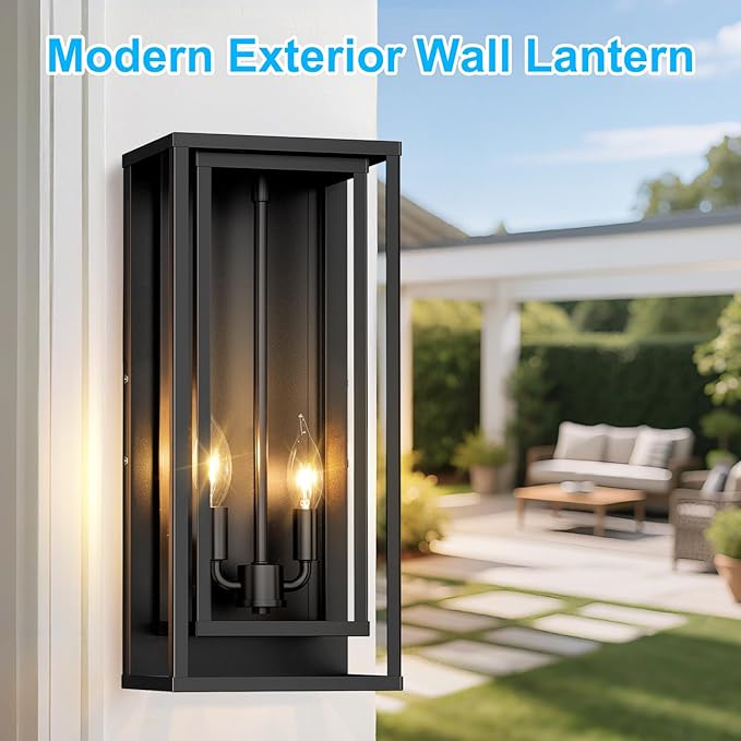 2-Pack Large Outdoor Wall Lanterns, 18” Exterior Waterproof Rectangular Sconce with Glass Shades, Matte Black Porch Lights, Anti-Rust 2-Light Modern Light Fixtures for Patio Garage Entryway Front Door
