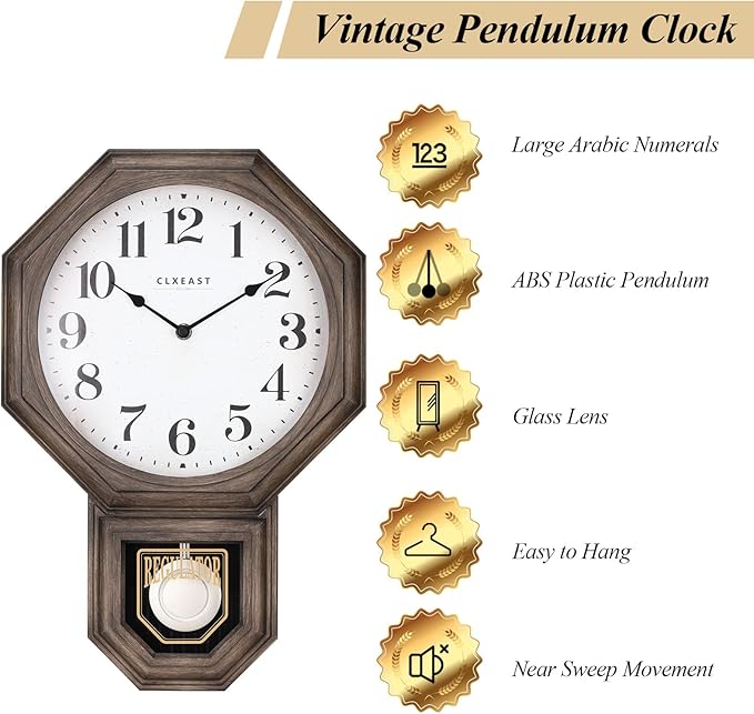 CLXEAST Pendulum Wall Clock, Large Schoolhouse Regulator Pendulum Wall Clocks for Living Room Decor,Dark Grey Oak Finished Plastic,House Warming Gifts New Home,12" W x 17.5" H