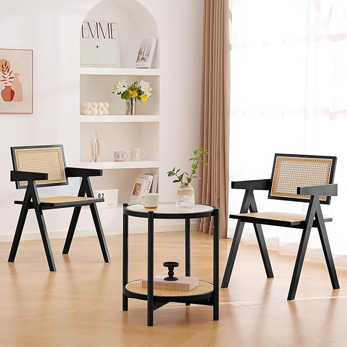 Tiita Rattan Accent Chairs, Mid Century Modern Dining Chairs Set of 2, Bamboo Living Room Chair for Reading Room Dining Kitchen, Black