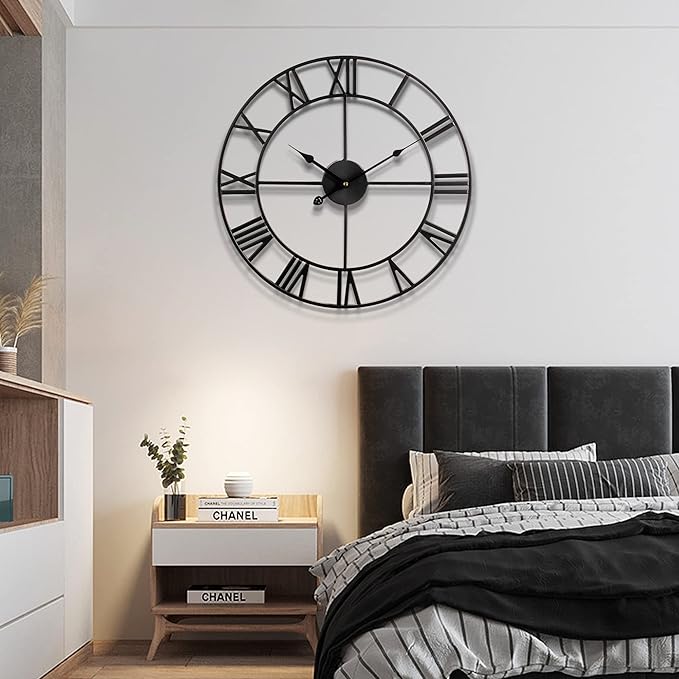 1st owned Large Wall Clock, Metal Retro Roman Numeral Clock, Modern Round Silent Wall Clocks, Easy to Read for Living Room/Home/Kitchen/Bedroom/Office/School Decor (Black, 18.5 Inch)