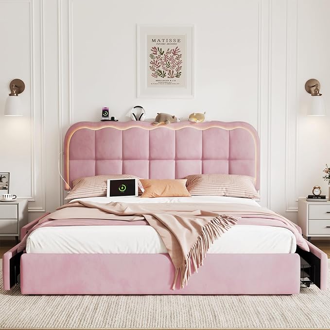 Queen Size Bed Frame with 4 Storage Drawers and LED, Adjustable Clouds Headborad, Velvet Upholstered Platform Queen Bed Frame with Charing Station, Wood Slats Support, No Box Spring Needed,Pink