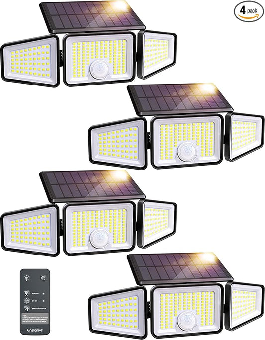 Ensenior Motion Sensor Outdoor Lights, 220 LED IP65 Waterproof Solar Security Light with Remote Control, 3 Heads Solar Flood Light Outdoor with 4 Modes, 270° Wide Angle Motion Light for Outside -4Pack