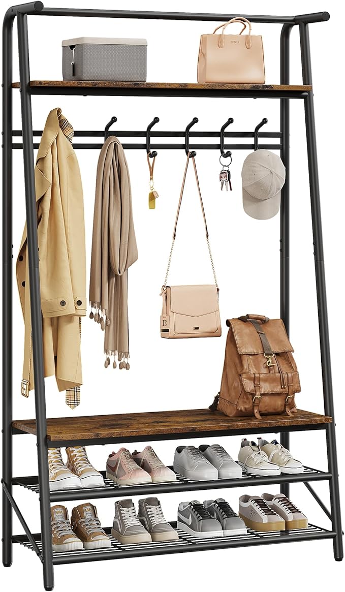 MDF Hall Tree with Bench, 4-in-1 Entryway Coat Rack with Storage Shelf & Shoe Organizer, Sturdy Freestanding Furniture for Living Room, Bedroom, Mudroom