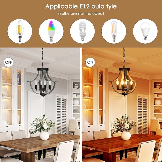 Farmhouse Chandelier, Modern Hanging Pendant Lighting, 4-Light Rustic Flush Mount Ceiling Light Fixture,Faux Wood Vintage Chandelier for Dining Room Kitchen Island Foyer Hallway Entryway Bedroom