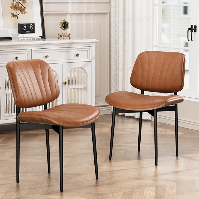 Dining Chairs Set of 8, Dining Room and Kitchen Chairs, Mid Century Modern Accent Chair, Upholstered PU Leather Chairs for Vanity with Walnut Bentwood and Metal Legs, Light Tan