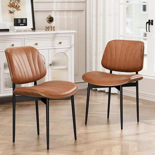 Dining Chairs Set of 2, Dining Room and Kitchen Chairs, Mid Century Modern Accent Chair, Upholstered PU Leather Chairs for Vanity with Walnut Bentwood and Metal Legs, Light Tan