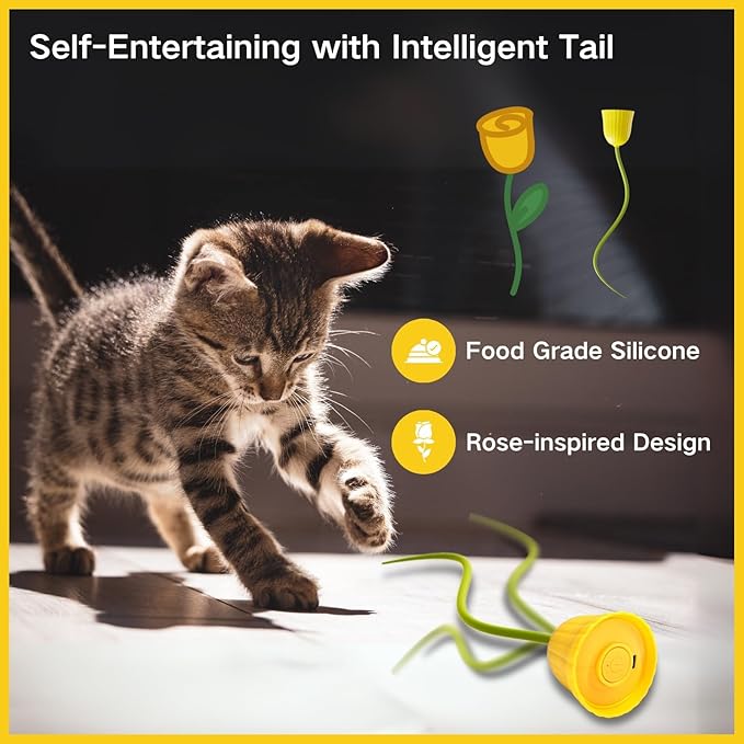 Interactive Electric Cat Teaser Wand Toys with Silicone Tail, Rechargeable Exercise Toy for Indoor Cats and Kittens (Yellow)