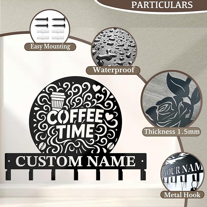 Coffee Bar Keys Holder - Metal Iron Wall Hooks with Custom Name | Personalized Home Decor & Gift Idea | Coffee-Themed Text Engraving Design (Style H)