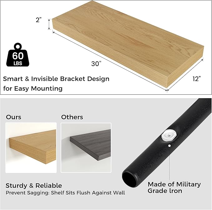 Floating Shelves for Wall, 30" W x 12" D x 2" H, 2 Pack of Long Wall Mounted Engineered Wood Shelves with Invisible Brackets for Living Room, Bedroom, Bathroom, Kitchen Decor, Oak