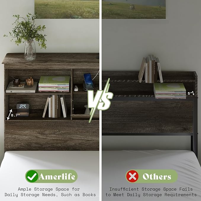 AMERLIFE King Size Bed Frame Wooden Platform Bed with 51.2" Storage LED Bookcase Headboard, 4 Storage Drawers & Charging Station/No Box Spring Needed/Noise Free/Rustic Grey