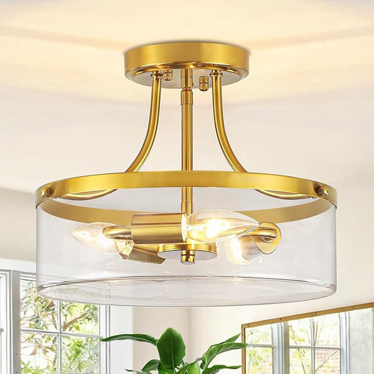 11.81" Brushed Gold Semi Flush Mount Ceiling Light, Modern Glass Entryway Light Fixture, Hallway Light Fixtures, 3-Light Drum Ceiling Lamp for Bedroom Kitchen Island Laundry Dining Room, UL Listed