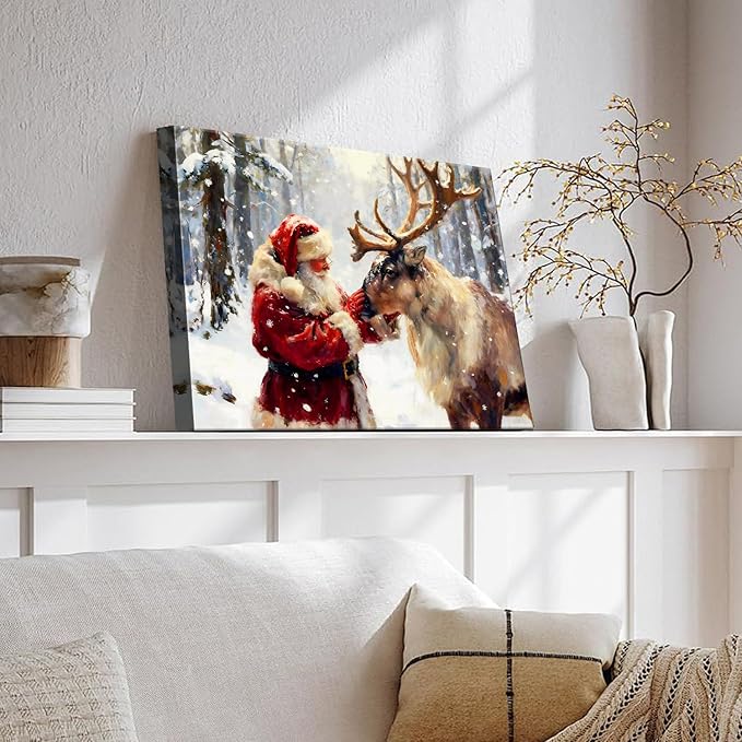 Vintage Reindeer and Santa Claus Christmas Wall Art, Rustic Framed Christmas Picture for Livingroom Bedroom, Ready-to-Hang Christmas Gifts & Festive Winter Wall Decorations