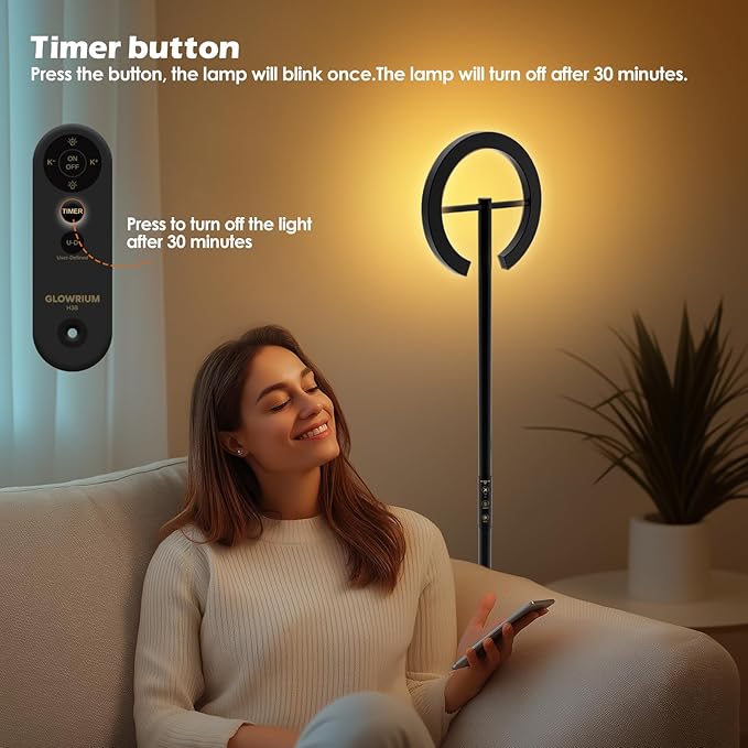 Floor Lamps for Living Room, 24W LED Floor Lamp with Remote, 70.8" Tall Standing Reading Lamp, 7-Level Brightness 4 Color Temps, Rotatable Modern Corner Lamp with Timer for Bedroom Home Office, Black
