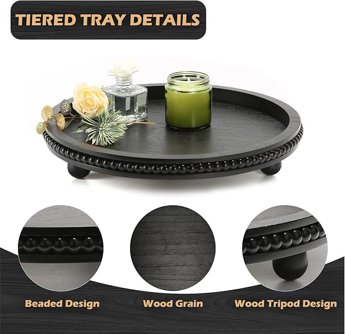 Wooden Beaded Decor Tray for Coffee Table, Rustic Wooden Trays Table Centerpieces, Decorative Trays for Home Decor Kitchen Table Farmhouse Serving Tray (Round Black)