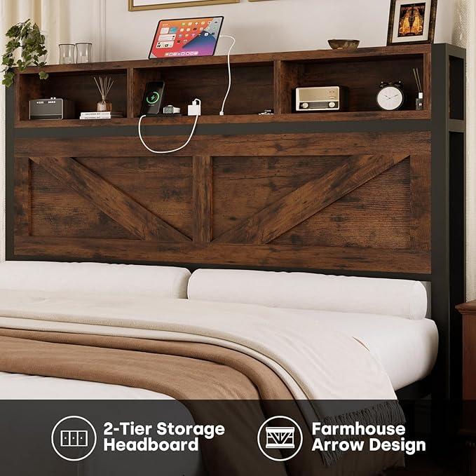 Farmhouse King Bed Frame with Bookcase Storage Headboard, Charging Station, LED Light and 2 Storage Drawers, Noise Free, No Box Spring Needed, Brown