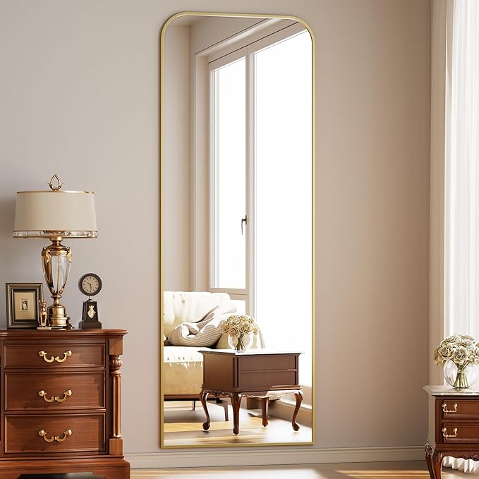 Full Length Mirror 64"x21" Arched Floor Standing Large Mirrors Full Body Mirror with Stand - with Aluminum Frame for Bedroom Living Room, Gold