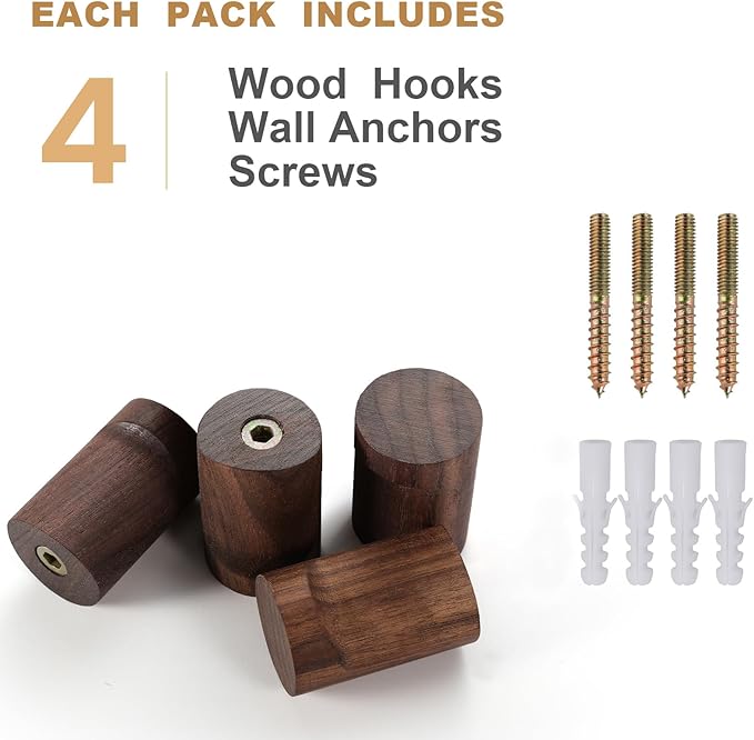 Wood Wall Hooks, 4 Pack Wooden Coat Hooks Wall Mounted, Rustic Hat Hooks Heavy Duty Entryway Wall Hangers for Hanging Purse, Towels, Clothes, Backpack