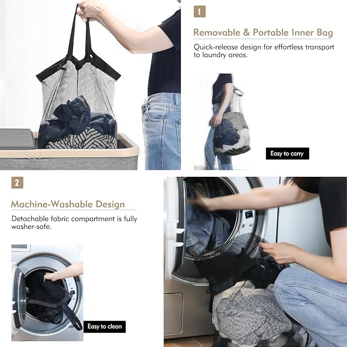 DOKEHOM 160L Double Laundry Basket with Removable Lid and Laundry Bags, Large Collapsible Laundry Hamper with 2 Sections (Grey)