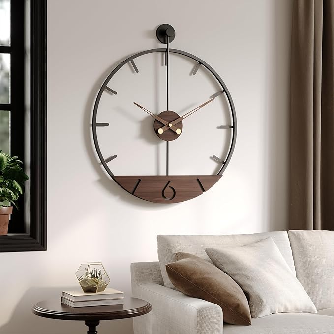 Cuspin Large Wall Clock 30 Inch Modern Farmhouse Wall Clock Battery Operated for Living Room Decor, Walnut Wood Dial with Black Metal Frame, Silent Non Ticking Clocks for Kitchen, Office, Bedroom