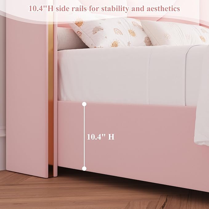 HITHOS Twin Upholstered LED Bed Frame with Storage Drawer, Velvet Kids Bed with Wingback Headboard, Princess Twin Platform Bed for Girls/Kids, Solid Wood Slats Support, No Box Spring Needed, Pink