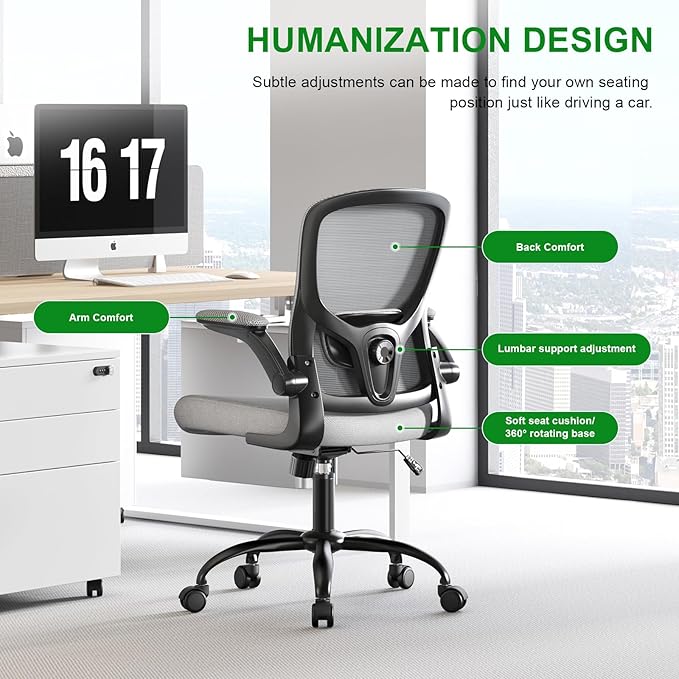 Ergonomic Office Chair-High Back Desk Chair, Adjustable Lumbar Support, Flip-Up Arms, 90-120° Tilt Lock, Breathable Mesh Back Rolling Work Chair for Man Woman(Grey)