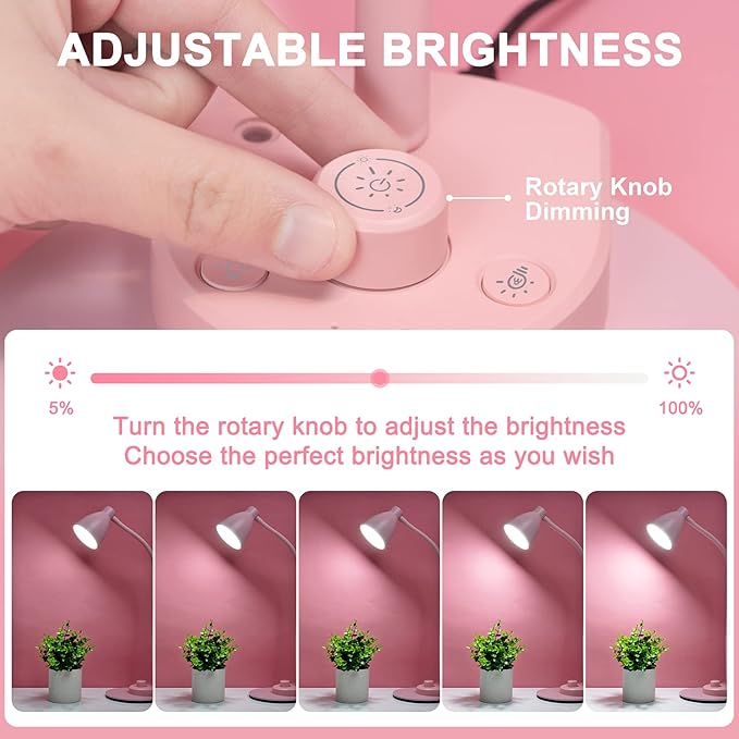 BOHON Cute Desk Lamp with USB Charging Port, Pink Lamp 3 Color Modes Dimmable LED Reading Lamp, Flexible Neck Auto Dimming Table Task Light for Home Office Dorm Bedside, Pink