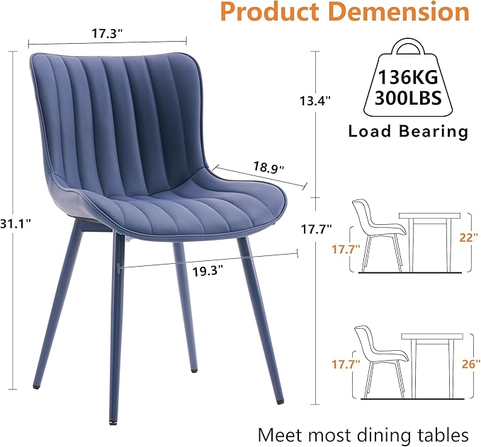 YOUNUOKE Mid-Century Modern Dining Chairs Set of 2, Navy Blue PU Leather Upholstered Kitchen Chairs with Navy Blue Metal Legs, Armless Accent Chair for Dining Room, Guest Reception Room