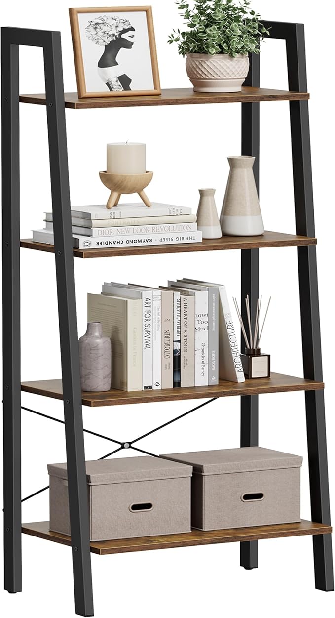 VASAGLE Ladder Shelf, 4-Tier Bookshelf, Storage Rack, Bookcase with Steel Frame, for Living Room, Home Office, Kitchen, Bedroom, Industrial Style, Rustic Brown and Ink Black ULLS44X