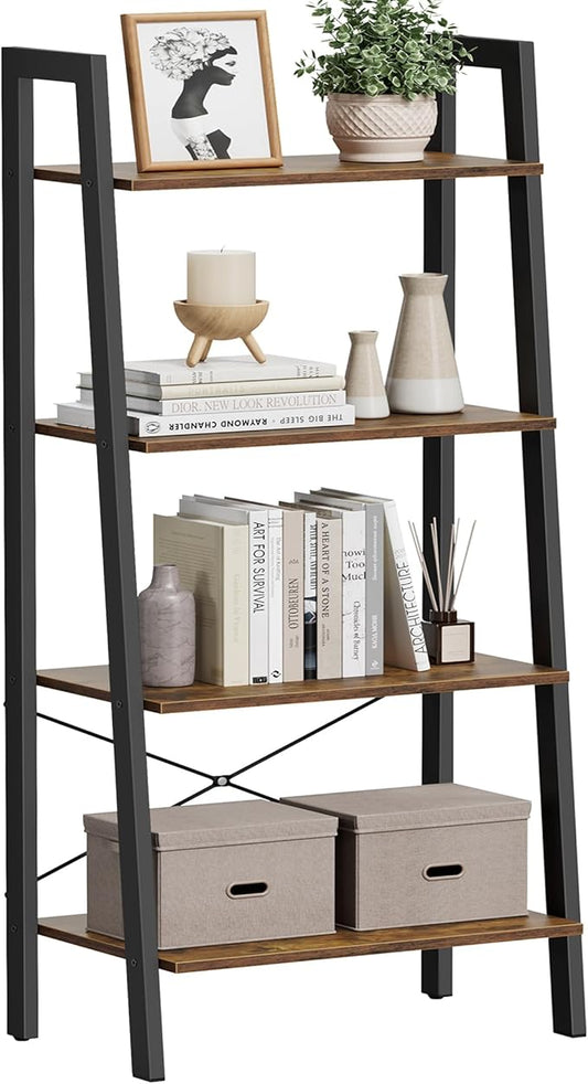 VASAGLE Ladder Shelf, 4-Tier Bookshelf, Storage Rack, Bookcase with Steel Frame, for Living Room, Home Office, Kitchen, Bedroom, Industrial Style, Rustic Brown and Ink Black ULLS44X