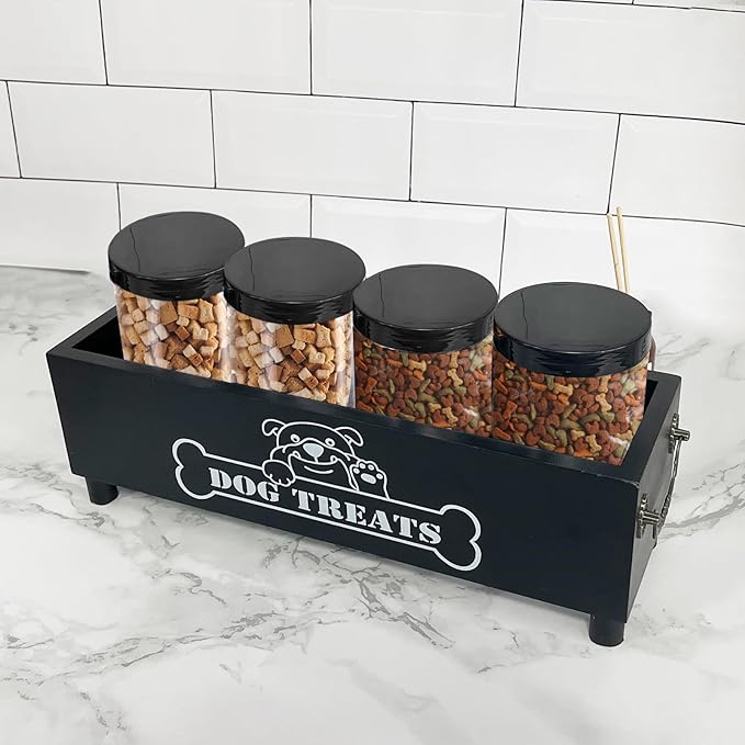 Large Dog Treats Container, Dog Cookie Jar for Dogs Cat Treats Container, Farmhouse Wood Pet Treats Storage Organizer for Dog Food Storage Container with 4 Jars, Cat Dog Treat Organizer