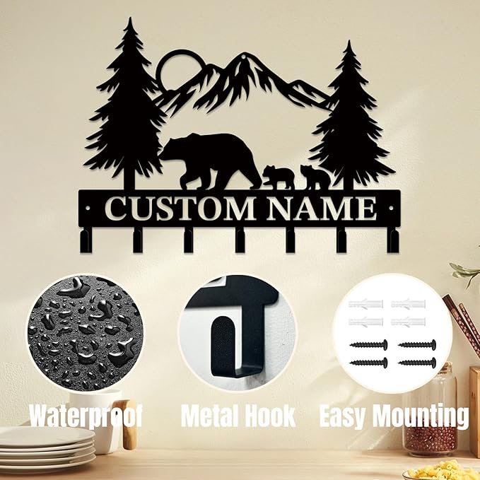 Personalized Custom Name Bear Key Wall Hooks,Metal Bear Keys Clothes Hooks,Metal Bear Wall Home Storage Decorative,For Front Door, Hallway, Kitchen, Bedroom,Keys,Hats (Style I)
