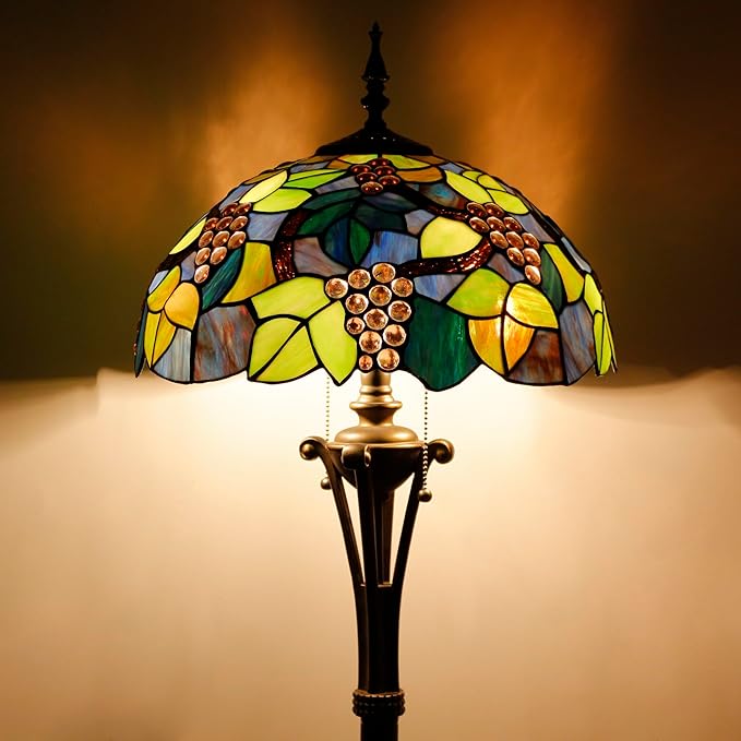 Tiffany Floor Lamp Purple Stained Glass Grape Standing Reading Light 16X16X70 Inches Antique Pole Corner Lamp Decor Bedroom Office Living Room