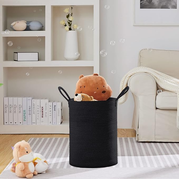 VIPOSCO Large Laundry Hamper, Tall Woven Rope Storage Basket for Blanket, Toys, Dirty Clothes in Living Room, Bathroom, Bedroom - 58L Black