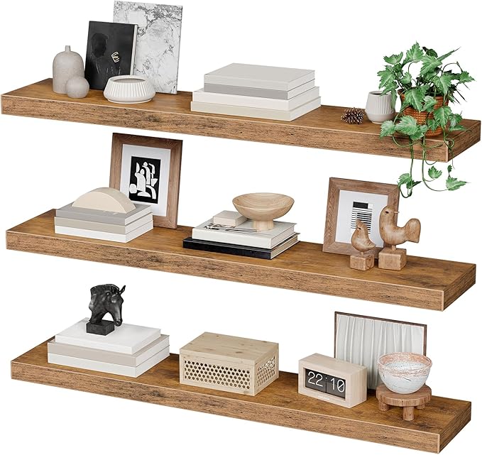 Floating Shelves for Wall, 1.5" Thick Wall Shelf Set of 3 with Invisible Bracket, L39.4 x W7.9 Hanging Shelves Farmhouse Home Decor for Bathroom, Living Room, Bedroom Rustic Brown 10301BJP3BF