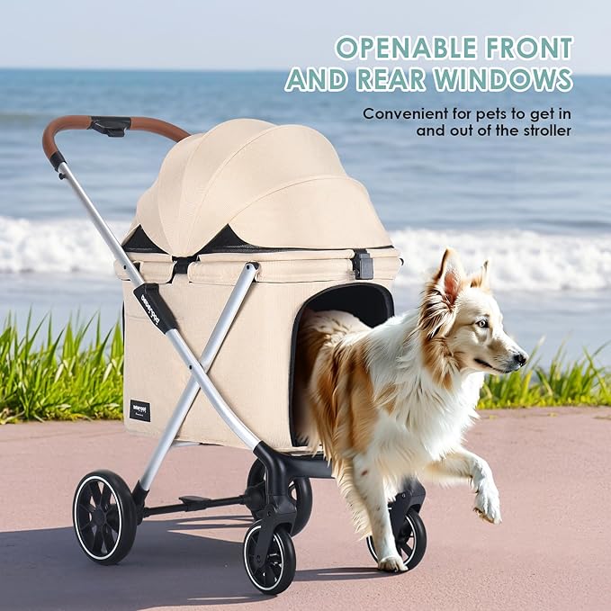 X6 Luxury Pet Stroller for Medium Dogs up to 66 lbs, One-Second Fold Design, 180° Canopy, 4-Wheel Shock Absorption (Beige)