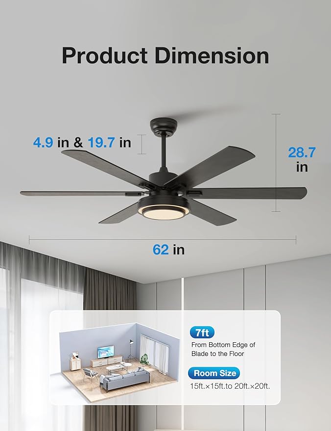 warmiplanet Ceiling Fans with Lights and Remote Control, 62 Inch, 6 Speeds Reversible DC Motor, 3 Color Dimmable Light, Timer, Noiseless, Black, 6 Blades