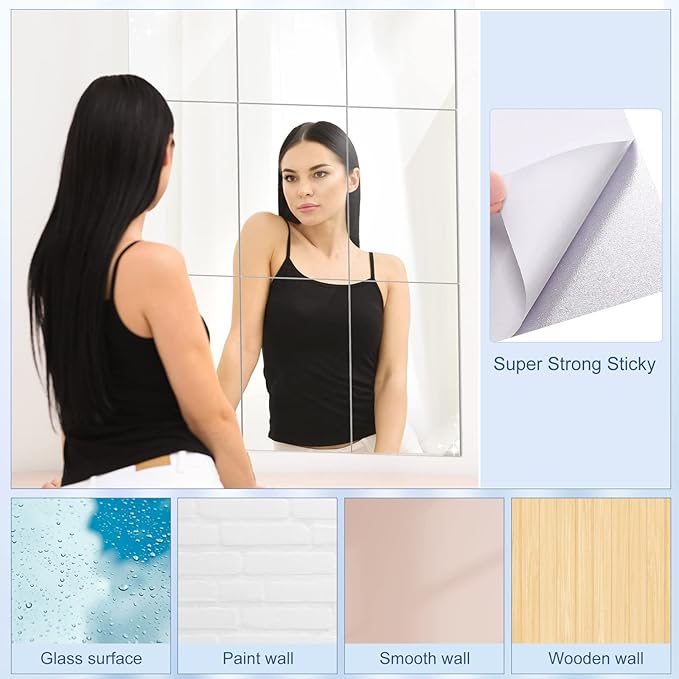 Tuanse 80 Piece Flexible Plastic Mirror Sheets for Home Decoration, Wall Mount, Rectangular, 9 x 6 Inch